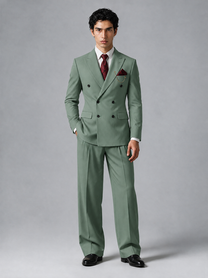 Savile Men's Eucalyptus Double-Breasted 2-Piece Suit Set – Peak Lapel Blazer & Pleated Wide-Leg Trousers - Eucalyptus - Eucalyptus_2