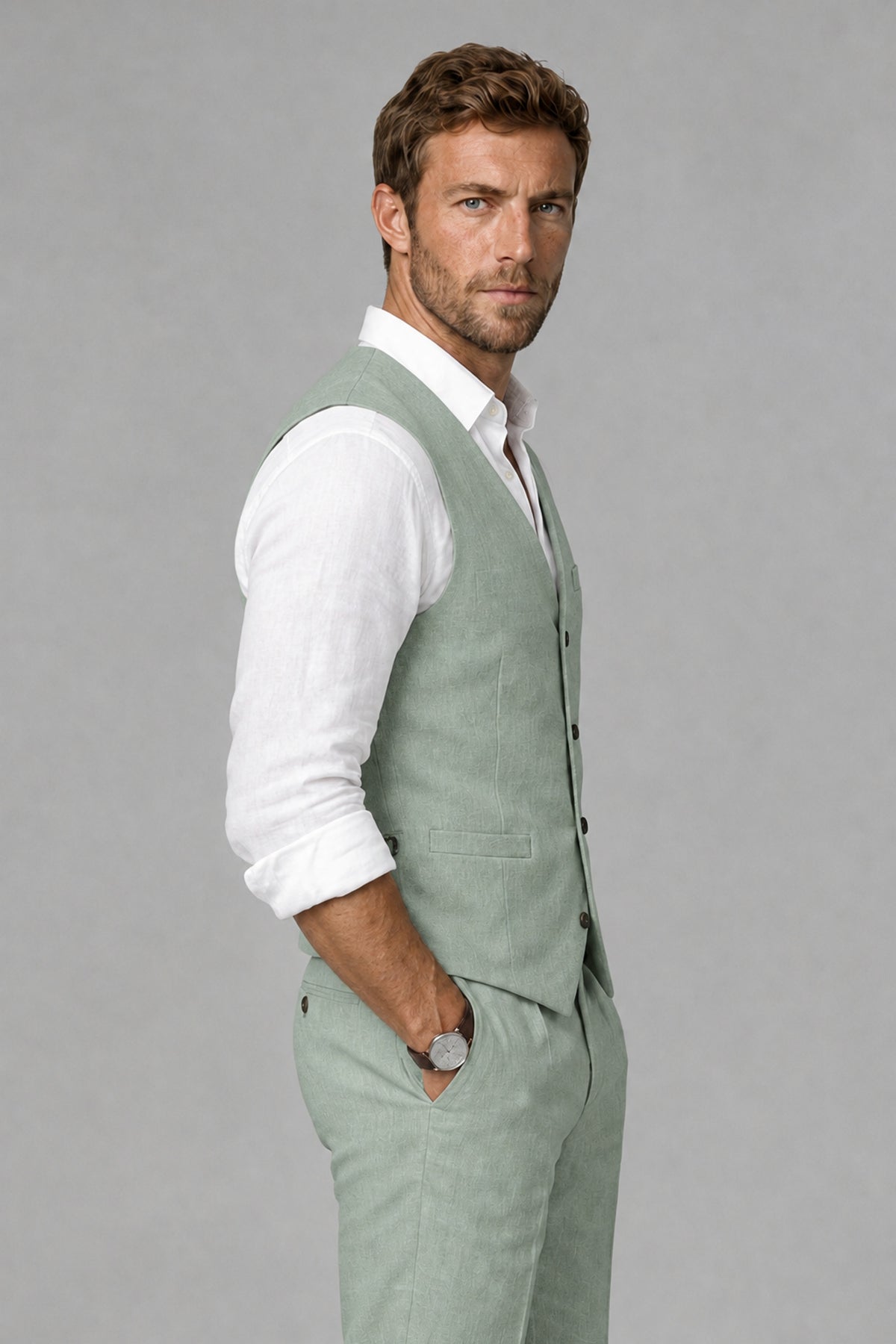 Men's Eucalyptus Linen Blend Single-Breasted V-Neck Suit Vest | Savile QX0101 - Eucalyptus
