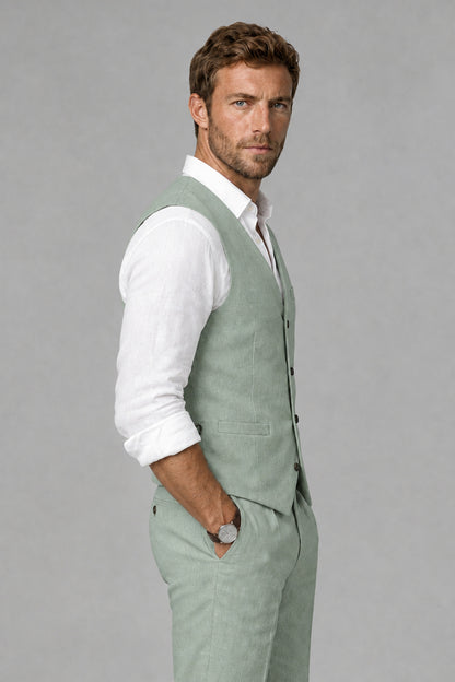 Men's Eucalyptus Linen Blend Single-Breasted V-Neck Suit Vest | Savile QX0101 - Eucalyptus