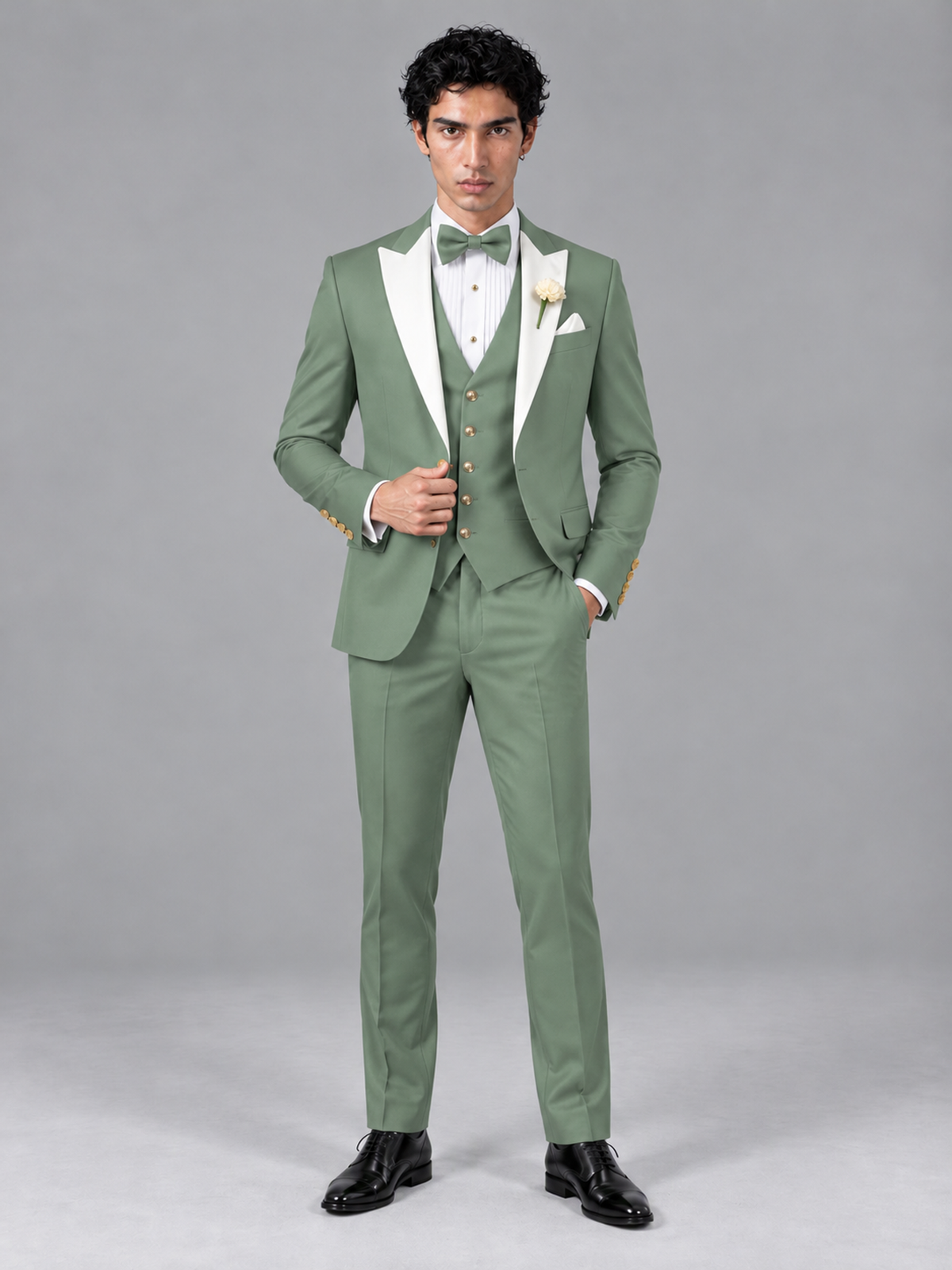 Savile Men's Eucalyptus Contrast White Peak Lapel 3-Piece Tuxedo Suit - Eucalyptus