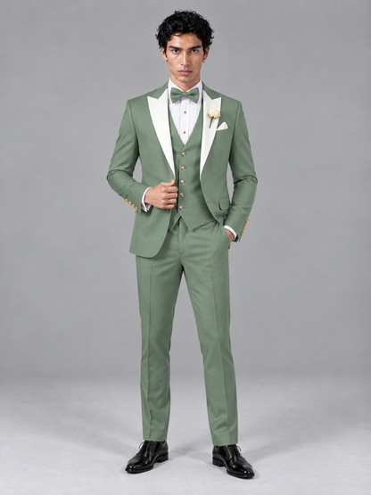Savile Men's Eucalyptus Contrast White Peak Lapel 3-Piece Tuxedo Suit - Eucalyptus