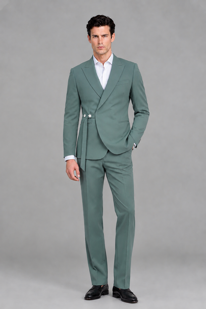 Savile Men's Modern Eucalyptus 2-Piece Wrap Suit Set – Peak Lapel Side-Button Blazer & Tailored Trousers - Eucalyptus - Eucalyptus_2