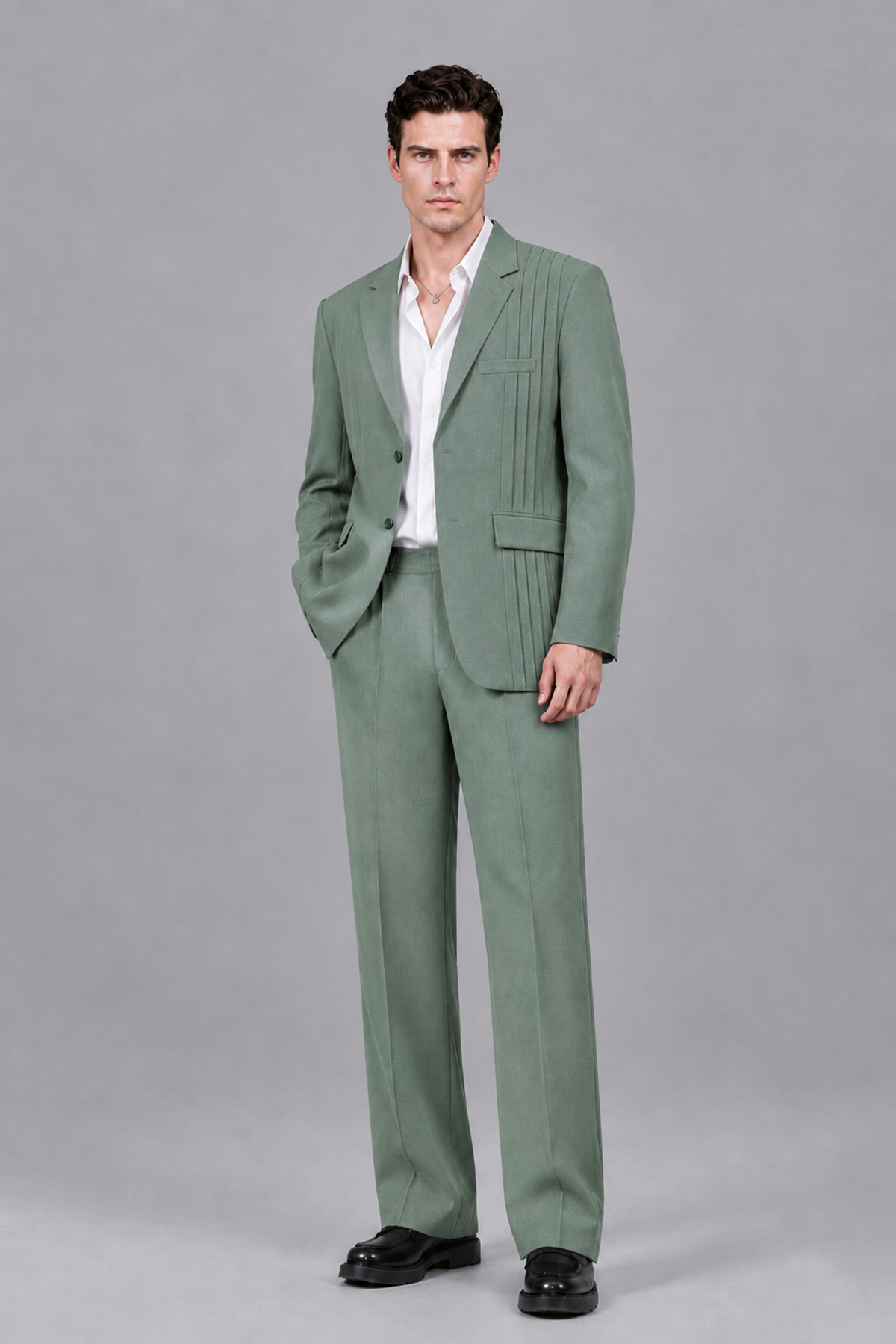 Savile Men's Eucalyptus Pleated 2-Piece Suit Set | Notch Lapel Blazer & Tailored Trousers - Eucalyptus - Eucalyptus_2