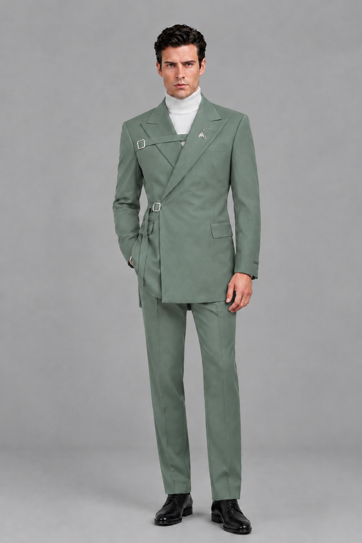 Savile Men's Eucalyptus Double Buckle Wrap Belted 2-Piece Suit Set – Peak Lapel Slim-Fit Jacket & Trousers - Eucalyptus - Eucalyptus_2