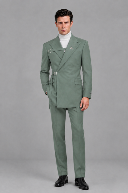 Savile Men's Eucalyptus Double Buckle Wrap Belted 2-Piece Suit Set – Peak Lapel Slim-Fit Jacket & Trousers - Eucalyptus - Eucalyptus_2
