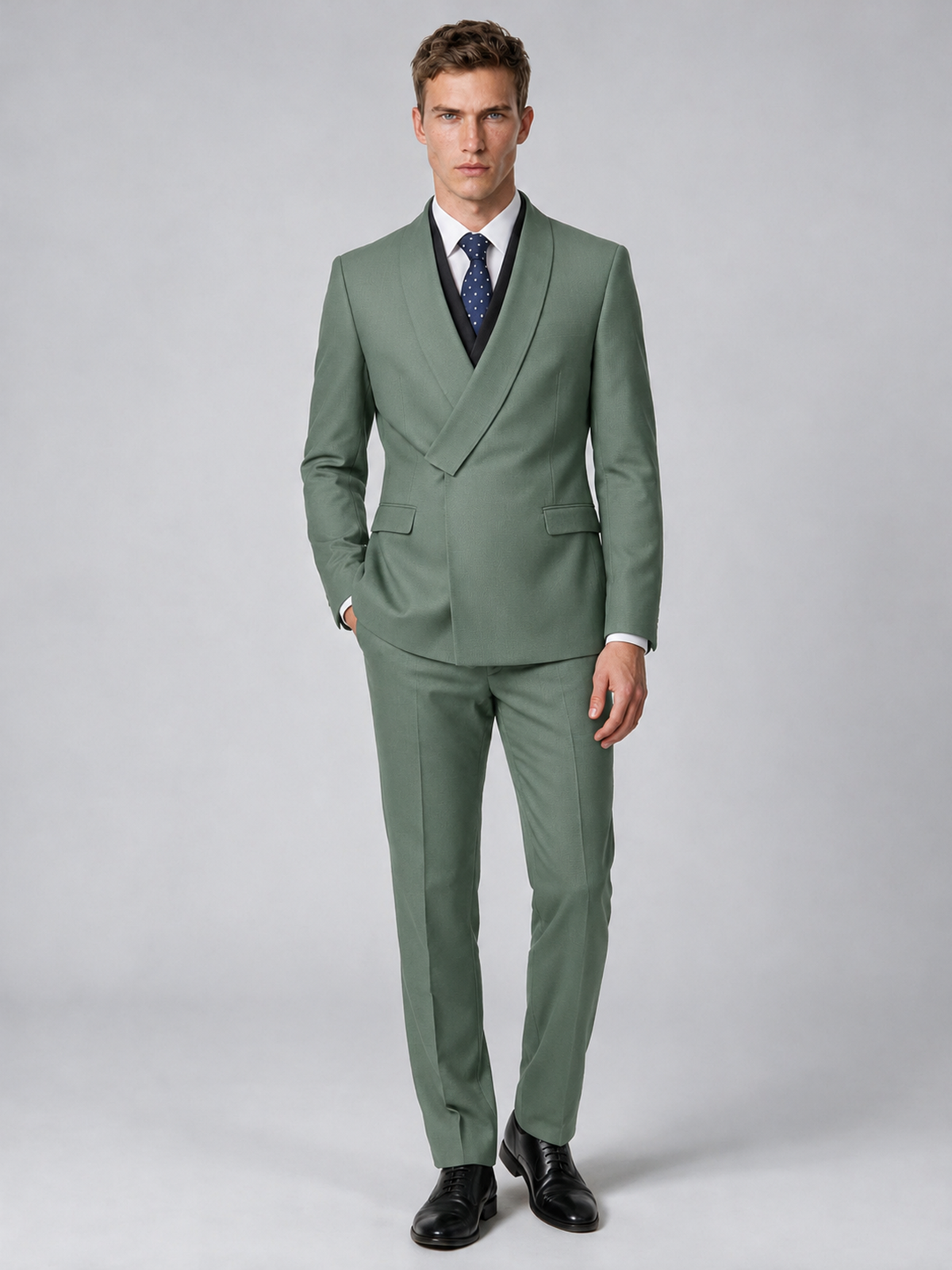 Savile Men's Eucalyptus Wrap Shawl Lapel 2-Piece Suit Set – Modern Jacket & Trousers - Eucalyptus - Eucalyptus_2