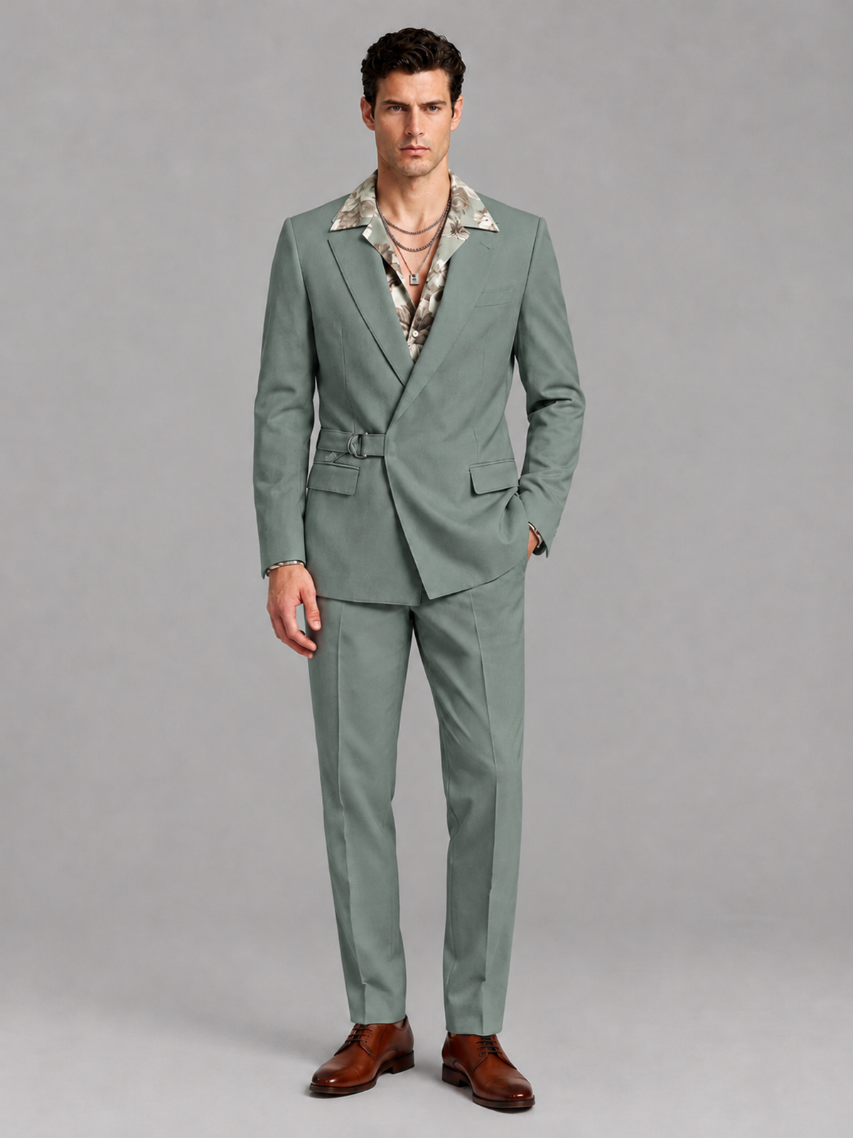 Savile Men's Eucalyptus Belted Wrap 2-Piece Suit – Peak Lapel Blazer & Tailored Trousers - SUC060 - Eucalyptus - Eucalyptus_2