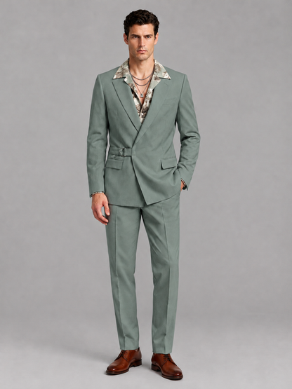 Savile Men's Eucalyptus Belted Wrap 2-Piece Suit – Peak Lapel Blazer & Tailored Trousers - SUC060 - Eucalyptus - Eucalyptus_2