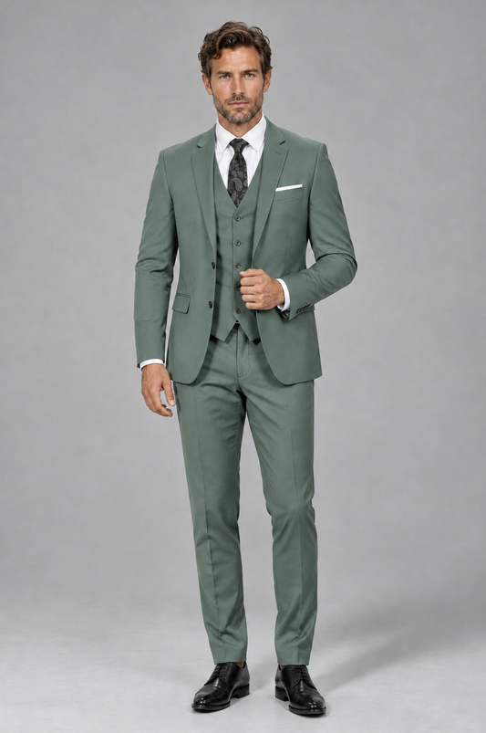 Savile Men's Eucalyptus 3-Piece Suit Set – Notch Lapel Blazer, Vest & Trousers - Eucalyptus - Eucalyptus_2