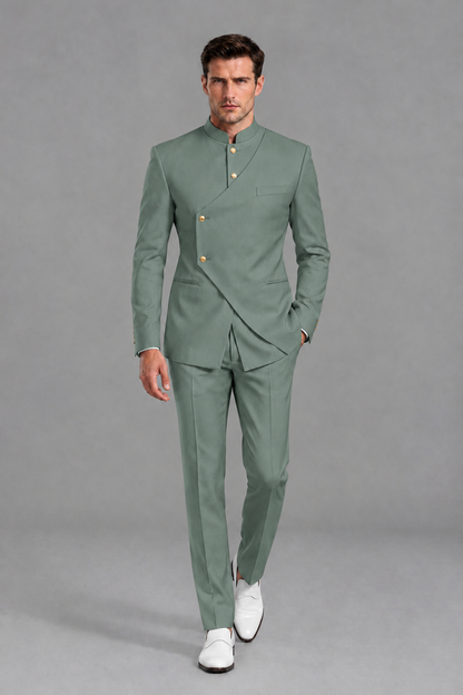 Savile Men's Eucalyptus Asymmetrical Mandarin Collar Tuxedo Suit – Modern 2-Piece Gold Button Wedding, Prom & Gala Set - Eucalyptus - Eucalyptus_2