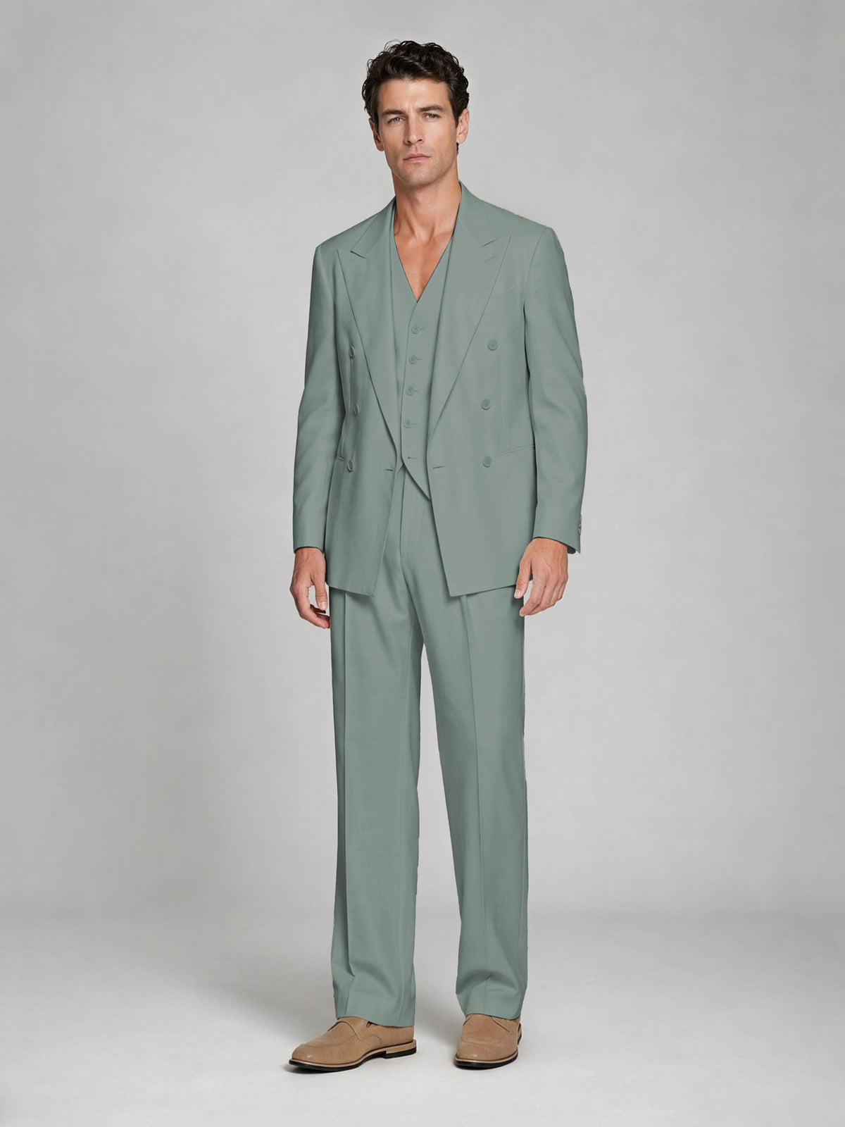 Men's Eucalyptus Double-Breasted 2-Piece Suit – Peak Lapel Wedding & Beach Formal Set with Vest - Eucalyptus