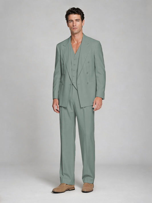 Men's Eucalyptus Double-Breasted 2-Piece Suit – Peak Lapel Wedding & Beach Formal Set with Vest - Eucalyptus