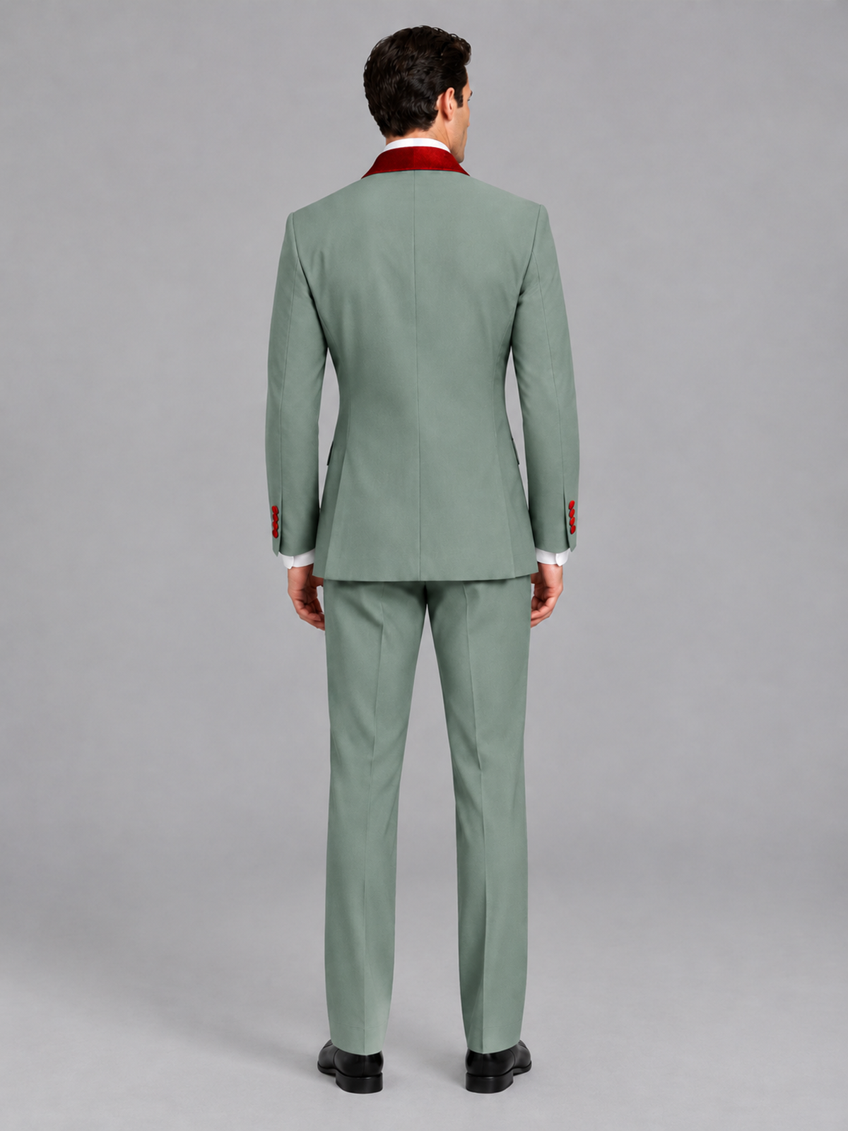Savile Men's Eucalyptus 3-Piece Tuxedo Suit Set – Contrast Red Shawl Lapel Blazer, Red Waistcoat & Trousers - SUC020 - Eucalyptus