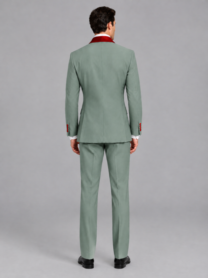 Savile Men's Eucalyptus 3-Piece Tuxedo Suit Set – Contrast Red Shawl Lapel Blazer, Red Waistcoat & Trousers - SUC020 - Eucalyptus