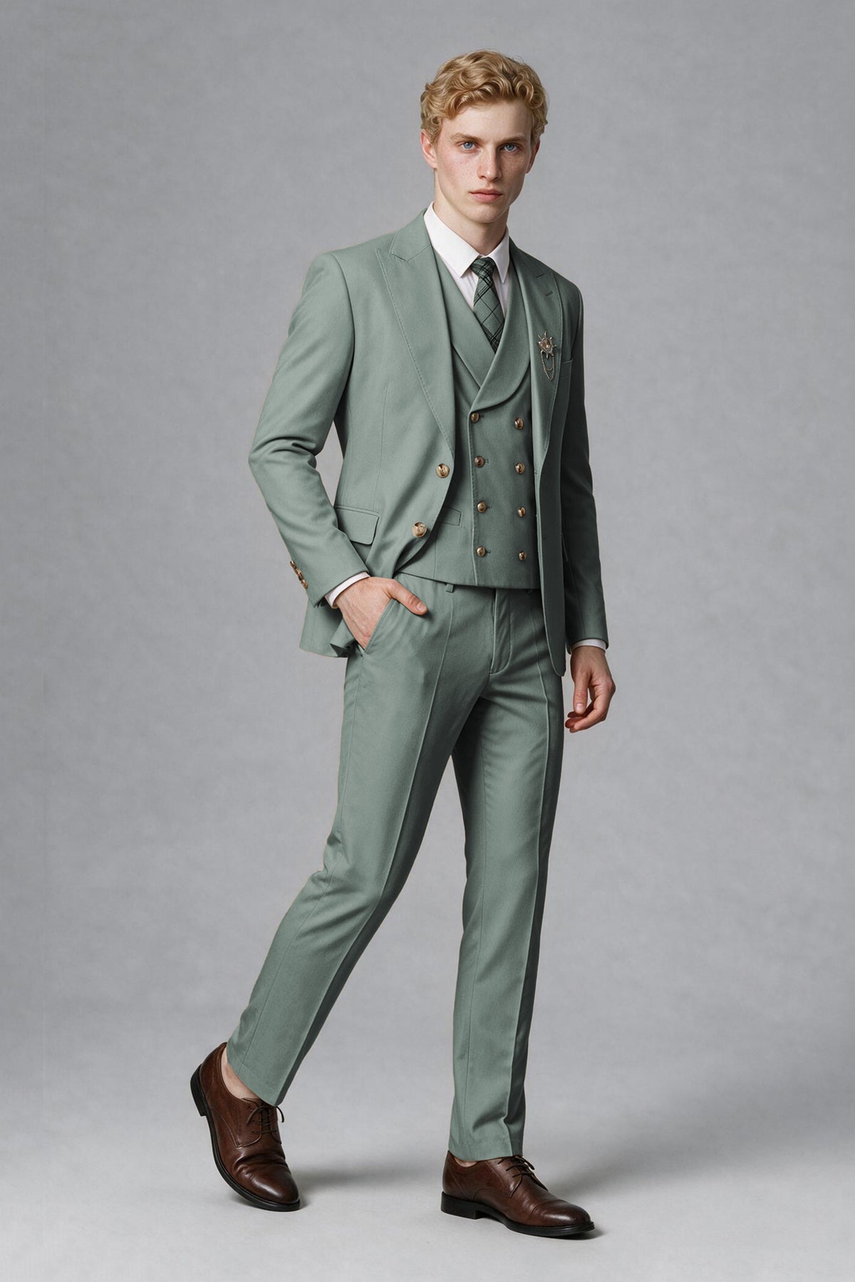 Savile Men's Eucalyptus Three-Piece Wedding Suit with Double-Breasted Waistcoat - Eucalyptus