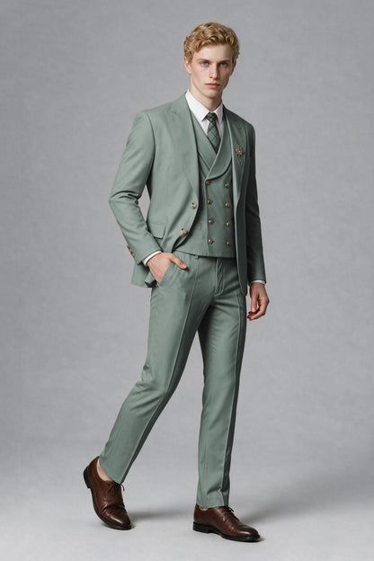 Savile Men's Eucalyptus Three-Piece Wedding Suit with Double-Breasted Waistcoat - Eucalyptus