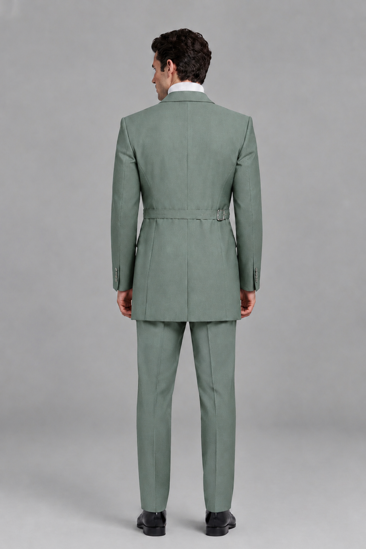 Savile Men's Eucalyptus Double Buckle Wrap Belted 2-Piece Suit Set – Peak Lapel Slim-Fit Jacket & Trousers - Eucalyptus - Eucalyptus_3