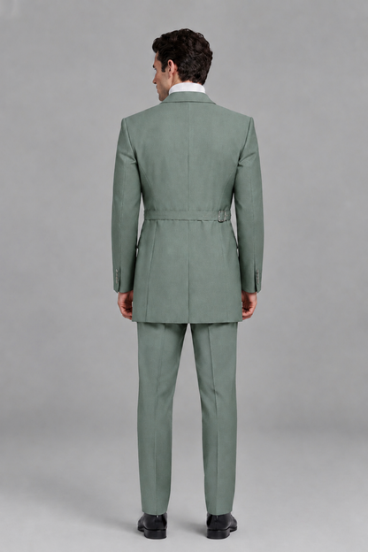 Savile Men's Eucalyptus Double Buckle Wrap Belted 2-Piece Suit Set – Peak Lapel Slim-Fit Jacket & Trousers - Eucalyptus - Eucalyptus_3