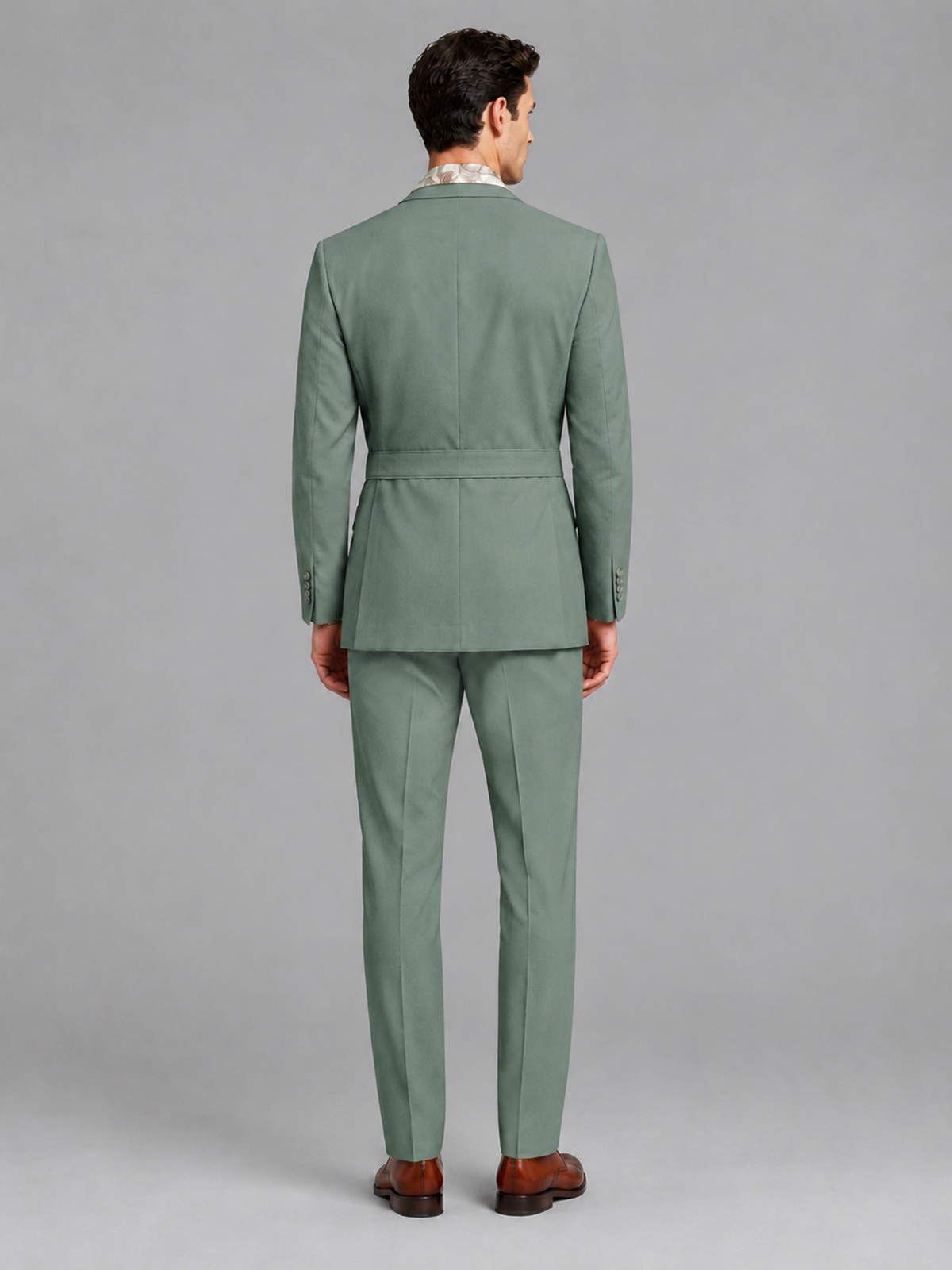 Savile Men's Eucalyptus Belted Wrap 2-Piece Suit – Peak Lapel Blazer & Tailored Trousers - SUC060 - Eucalyptus - Eucalyptus_3