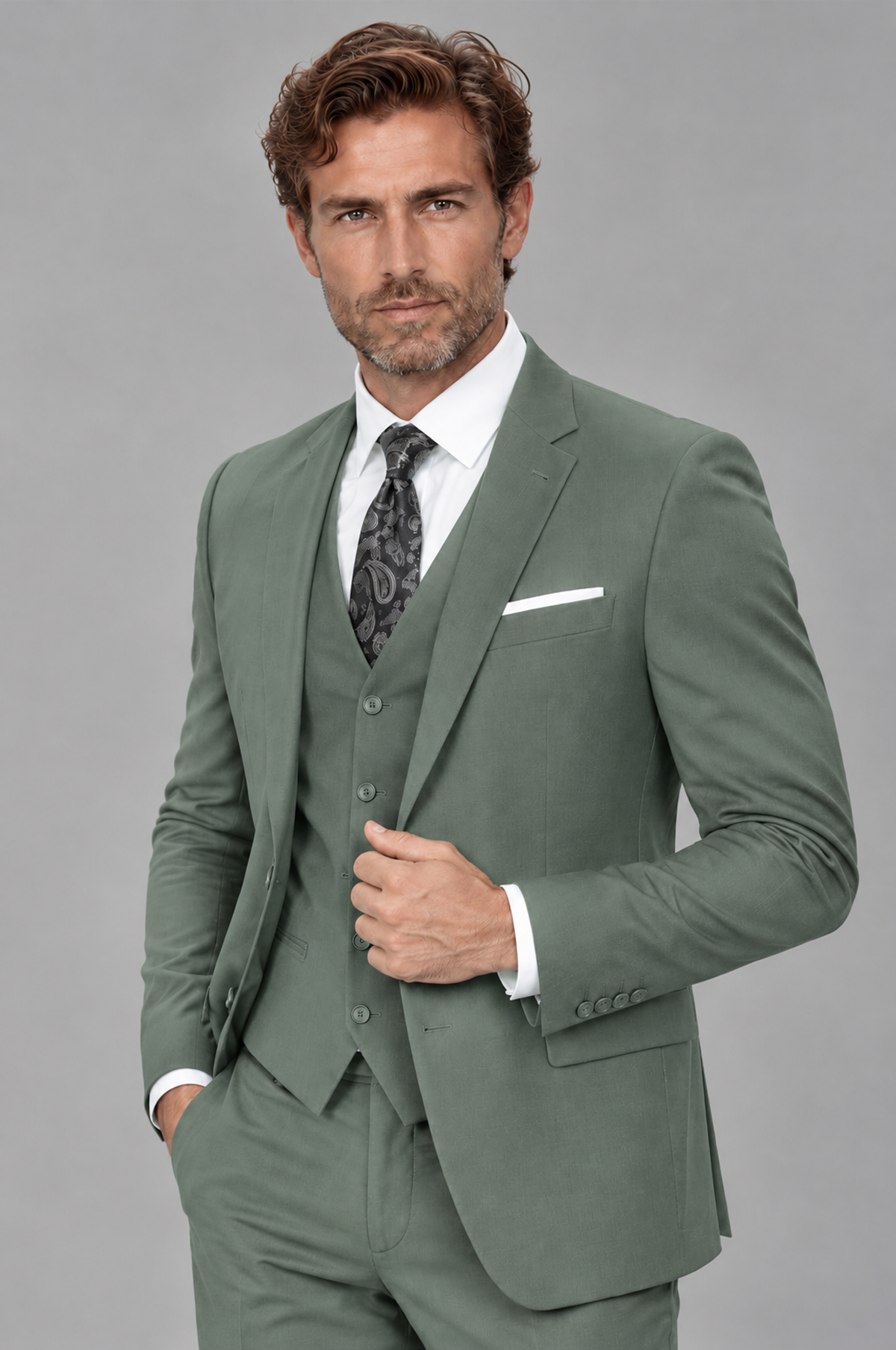 Savile Men's Eucalyptus 3-Piece Suit Set – Notch Lapel Blazer, Vest & Trousers - Eucalyptus - Eucalyptus_3