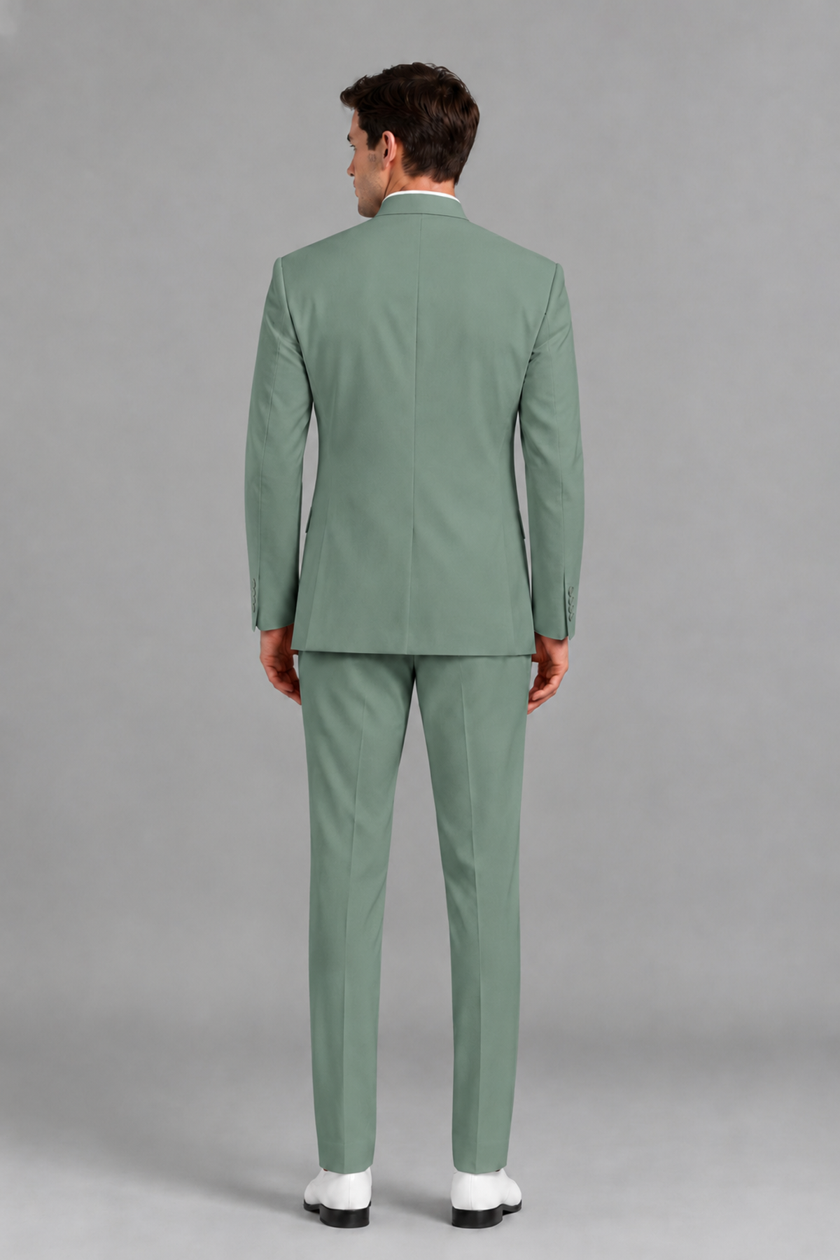 Savile Men's Eucalyptus Asymmetrical Mandarin Collar Tuxedo Suit – Modern 2-Piece Gold Button Wedding, Prom & Gala Set - Eucalyptus - Eucalyptus_3