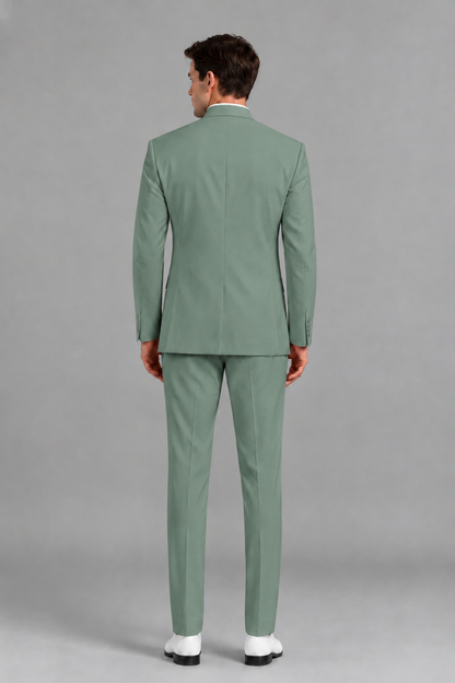 Savile Men's Eucalyptus Asymmetrical Mandarin Collar Tuxedo Suit – Modern 2-Piece Gold Button Wedding, Prom & Gala Set - Eucalyptus - Eucalyptus_3