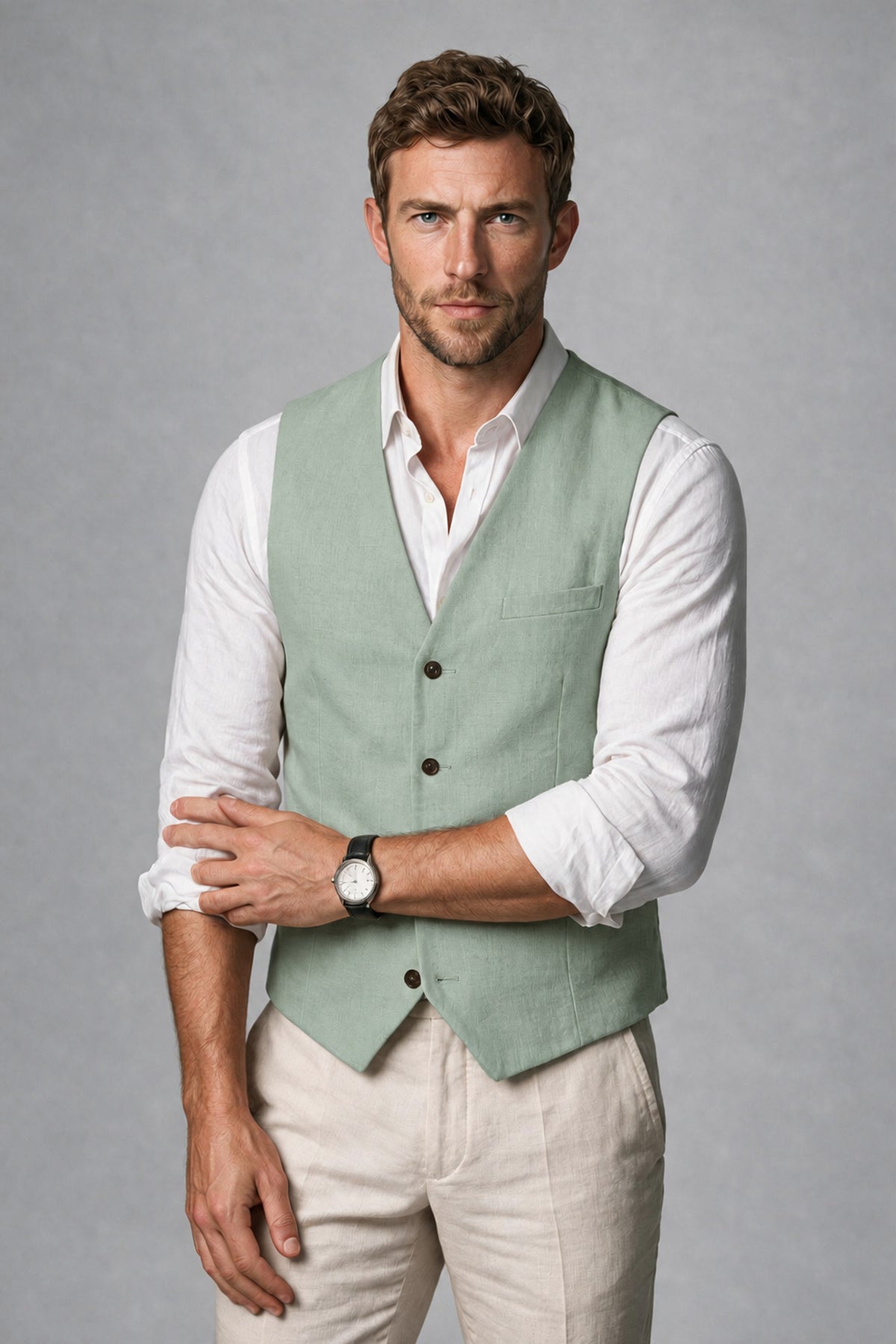 Men's Eucalyptus Linen Blend Single-Breasted V-Neck Suit Vest | Savile QX0101 - Eucalyptus