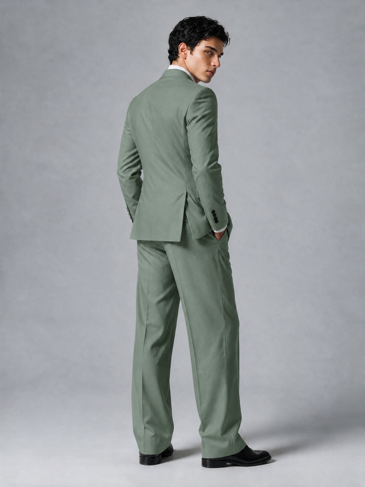 Savile Men's Eucalyptus Double-Breasted 2-Piece Suit Set – Peak Lapel Blazer & Pleated Wide-Leg Trousers - Eucalyptus - Eucalyptus_3