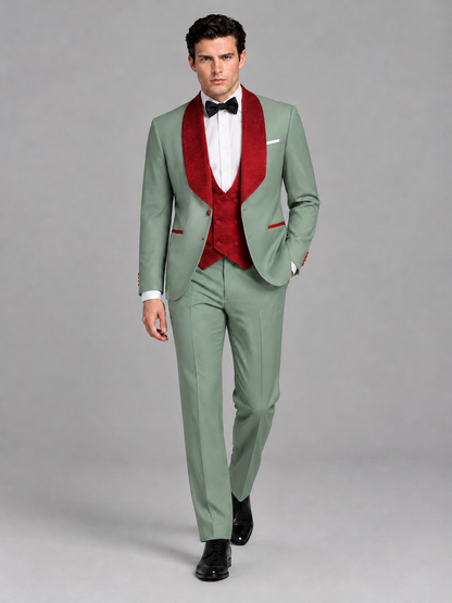Savile Men's Eucalyptus 3-Piece Tuxedo Suit Set – Contrast Red Shawl Lapel Blazer, Red Waistcoat & Trousers - SUC020 - Eucalyptus