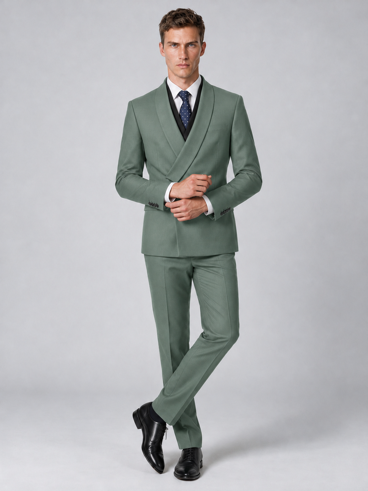 Savile Men's Eucalyptus Wrap Shawl Lapel 2-Piece Suit Set – Modern Jacket & Trousers - Eucalyptus - Eucalyptus_4