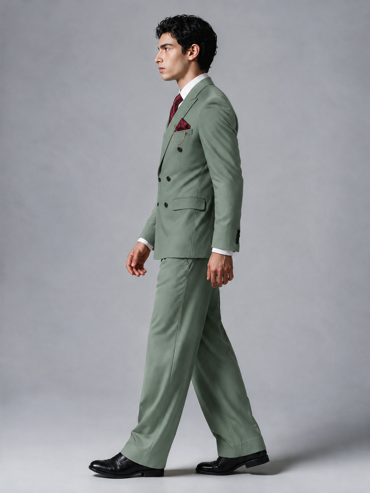 Savile Men's Eucalyptus Double-Breasted 2-Piece Suit Set – Peak Lapel Blazer & Pleated Wide-Leg Trousers - Eucalyptus - Eucalyptus_4