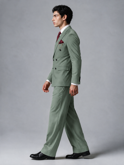 Savile Men's Eucalyptus Double-Breasted 2-Piece Suit Set – Peak Lapel Blazer & Pleated Wide-Leg Trousers - Eucalyptus - Eucalyptus_4