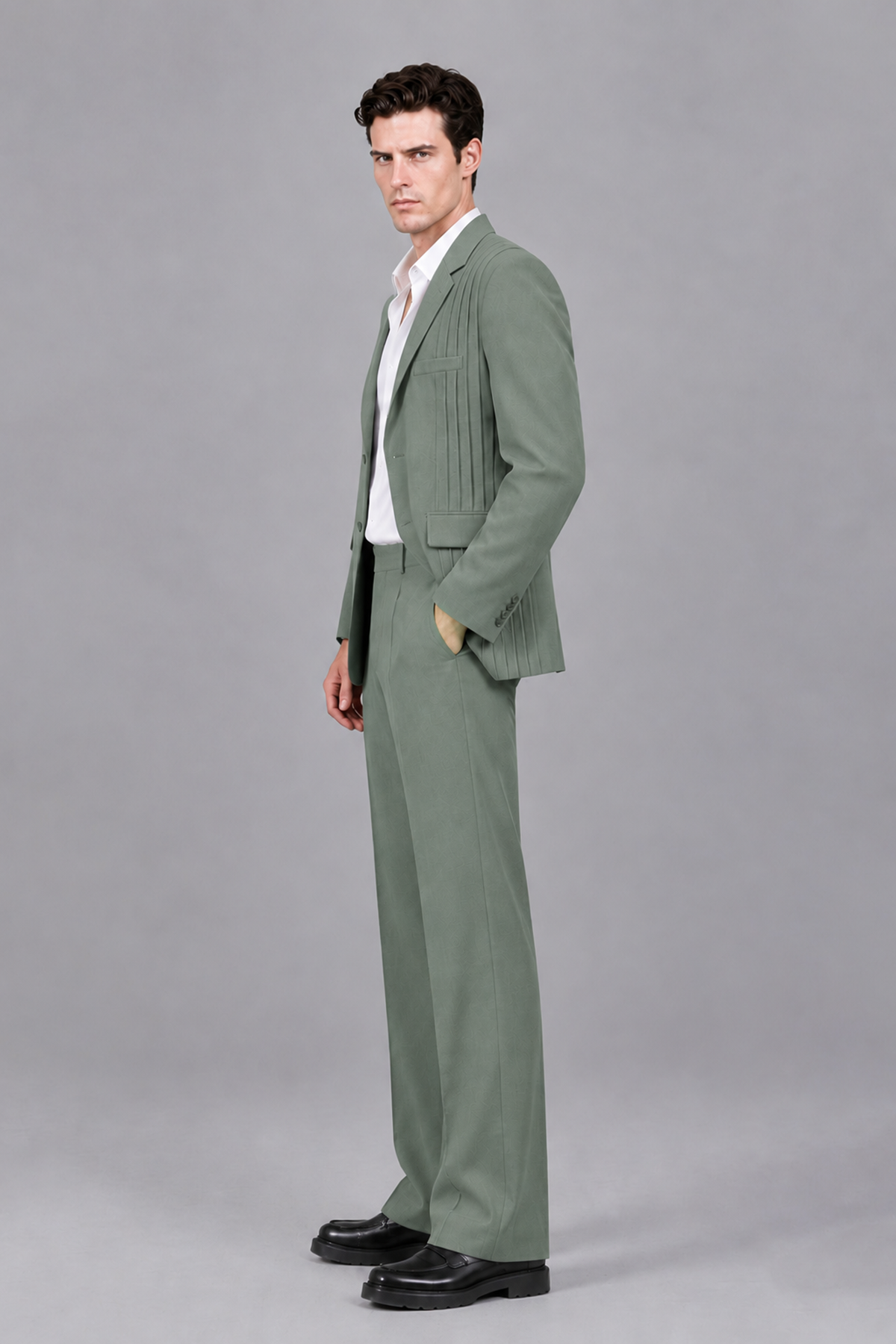 Savile Men's Eucalyptus Pleated 2-Piece Suit Set | Notch Lapel Blazer & Tailored Trousers - Eucalyptus - Eucalyptus_4