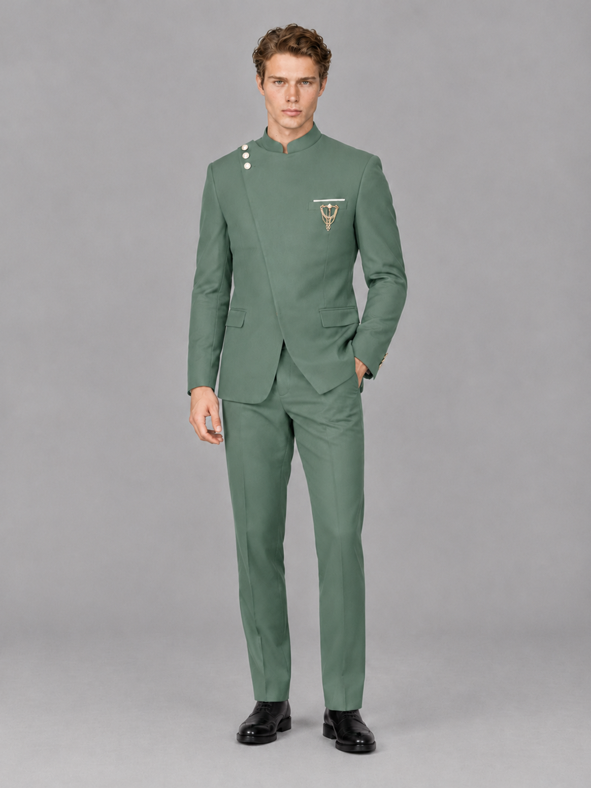 Savile Men's Eucalyptus Mandarin Collar Asymmetrical 2-Piece Suit Set – Modern Jacket & Trousers - Eucalyptus - Eucalyptus_4