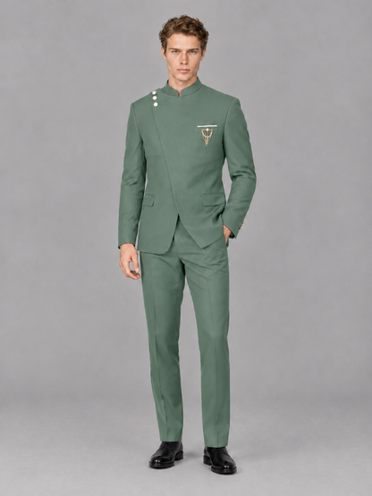 Savile Men's Eucalyptus Mandarin Collar Asymmetrical 2-Piece Suit Set – Modern Jacket & Trousers - Eucalyptus - Eucalyptus_4
