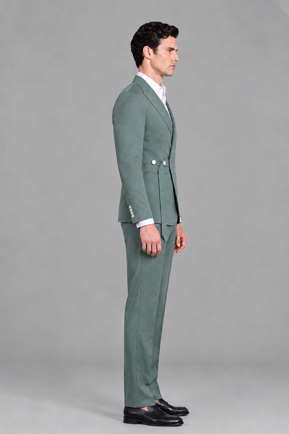 Savile Men's Modern Eucalyptus 2-Piece Wrap Suit Set – Peak Lapel Side-Button Blazer & Tailored Trousers - Eucalyptus - Eucalyptus_4