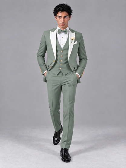 Savile Men's Eucalyptus Contrast White Peak Lapel 3-Piece Tuxedo Suit - Eucalyptus