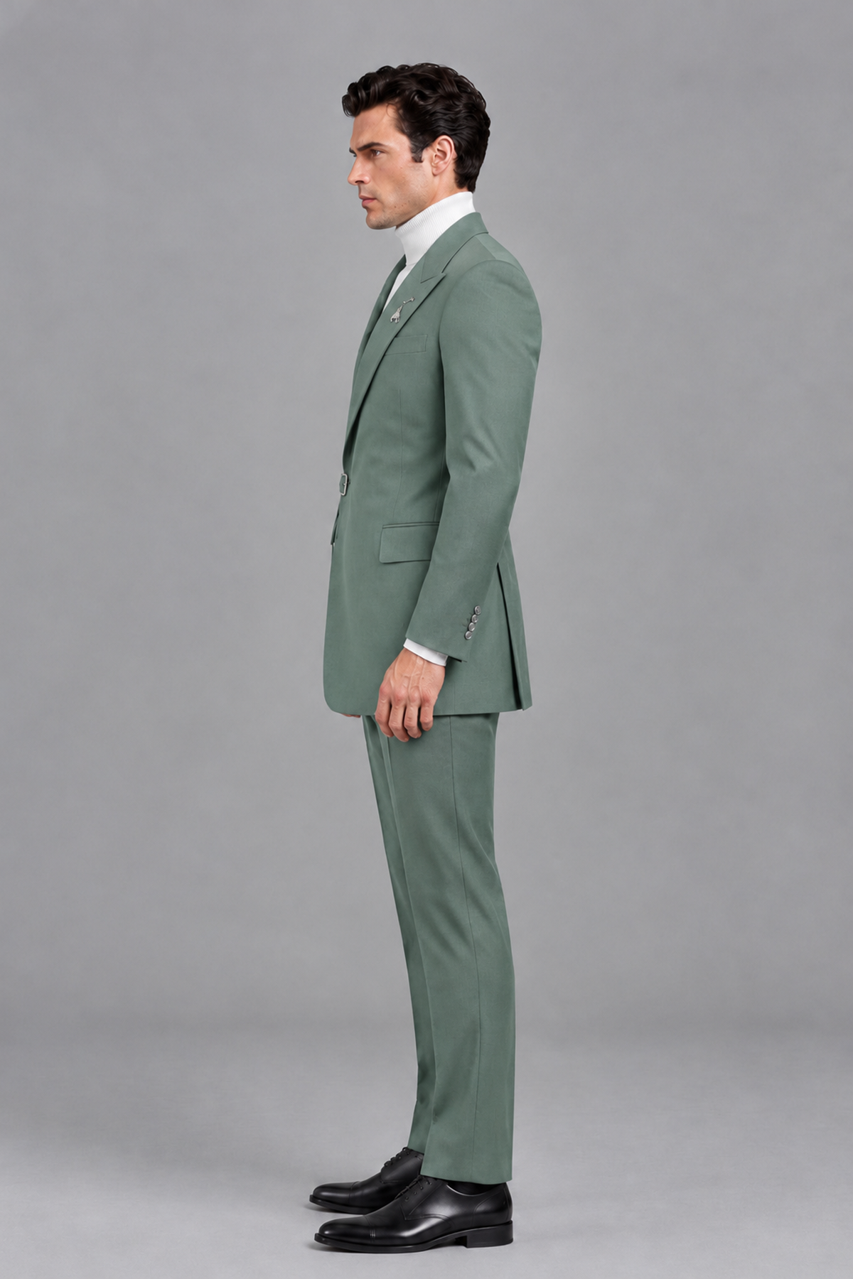 Savile Men's Eucalyptus Double Buckle Wrap Belted 2-Piece Suit Set – Peak Lapel Slim-Fit Jacket & Trousers - Eucalyptus - Eucalyptus_4