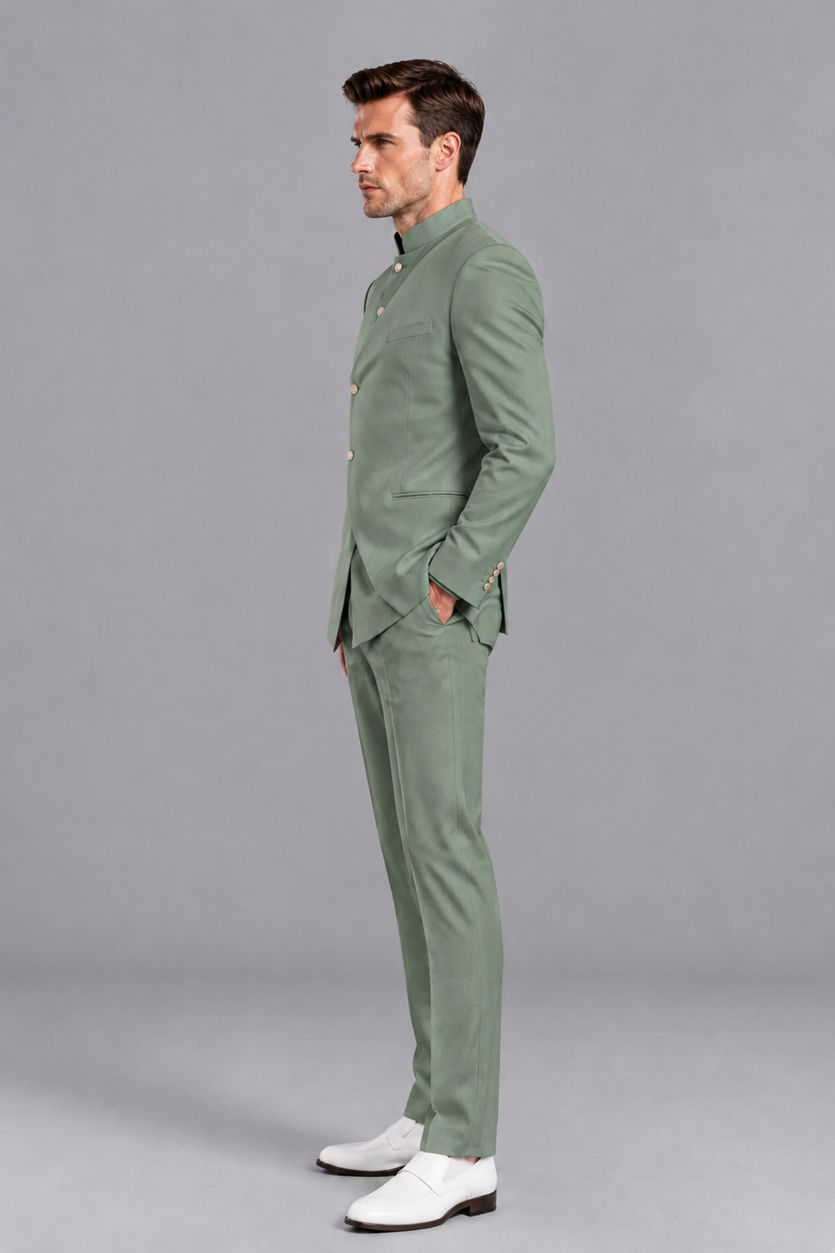 Savile Men's Eucalyptus Asymmetrical Mandarin Collar Tuxedo Suit – Modern 2-Piece Gold Button Wedding, Prom & Gala Set - Eucalyptus - Eucalyptus_4