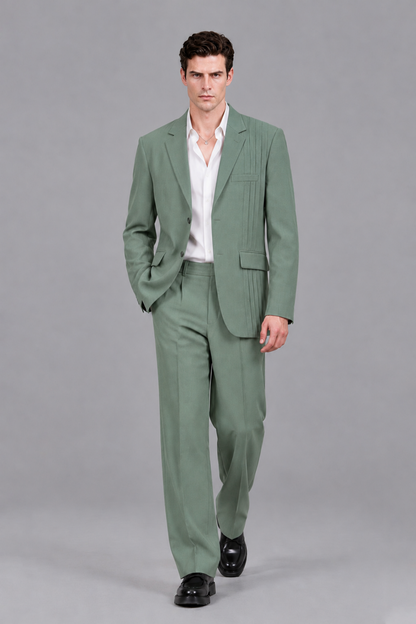 Savile Men's Eucalyptus Pleated 2-Piece Suit Set | Notch Lapel Blazer & Tailored Trousers - Eucalyptus - Eucalyptus_5