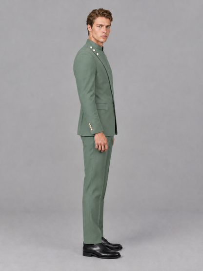 Savile Men's Eucalyptus Mandarin Collar Asymmetrical 2-Piece Suit Set – Modern Jacket & Trousers - Eucalyptus - Eucalyptus_5