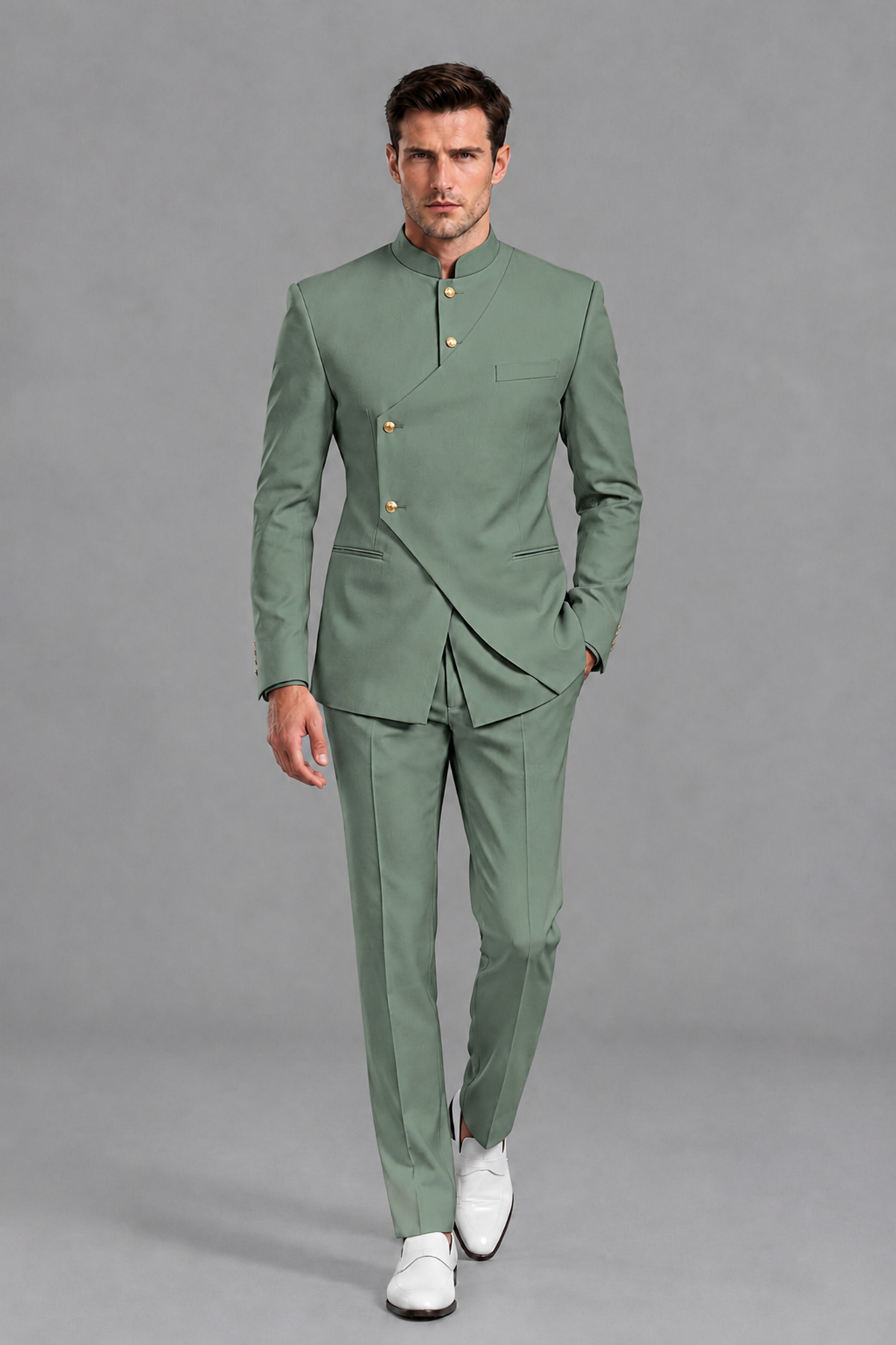 Savile Men's Eucalyptus Asymmetrical Mandarin Collar Tuxedo Suit – Modern 2-Piece Gold Button Wedding, Prom & Gala Set - Eucalyptus - Eucalyptus_5