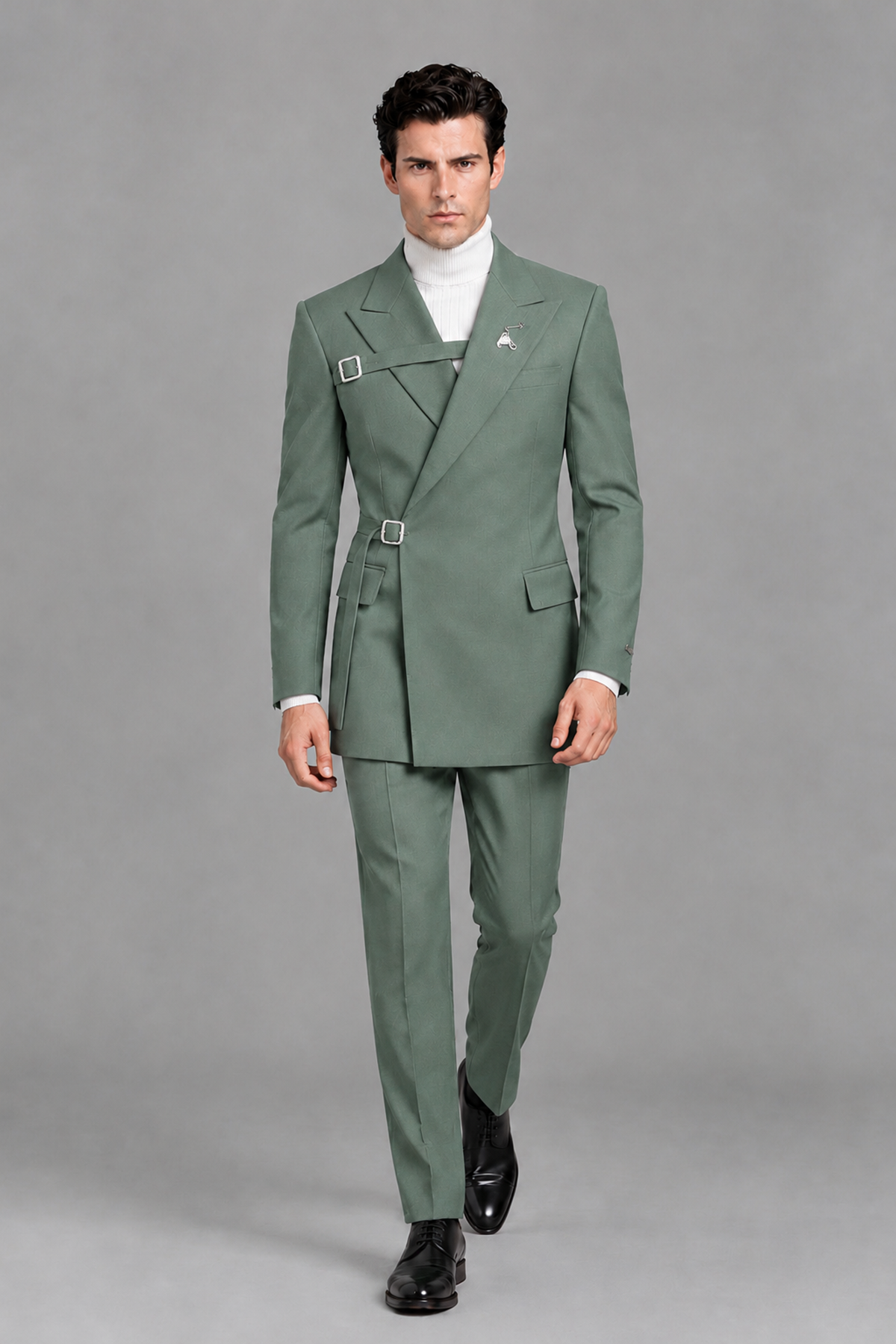 Savile Men's Eucalyptus Double Buckle Wrap Belted 2-Piece Suit Set – Peak Lapel Slim-Fit Jacket & Trousers - Eucalyptus - Eucalyptus_5