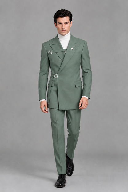 Savile Men's Eucalyptus Double Buckle Wrap Belted 2-Piece Suit Set – Peak Lapel Slim-Fit Jacket & Trousers - Eucalyptus - Eucalyptus_5