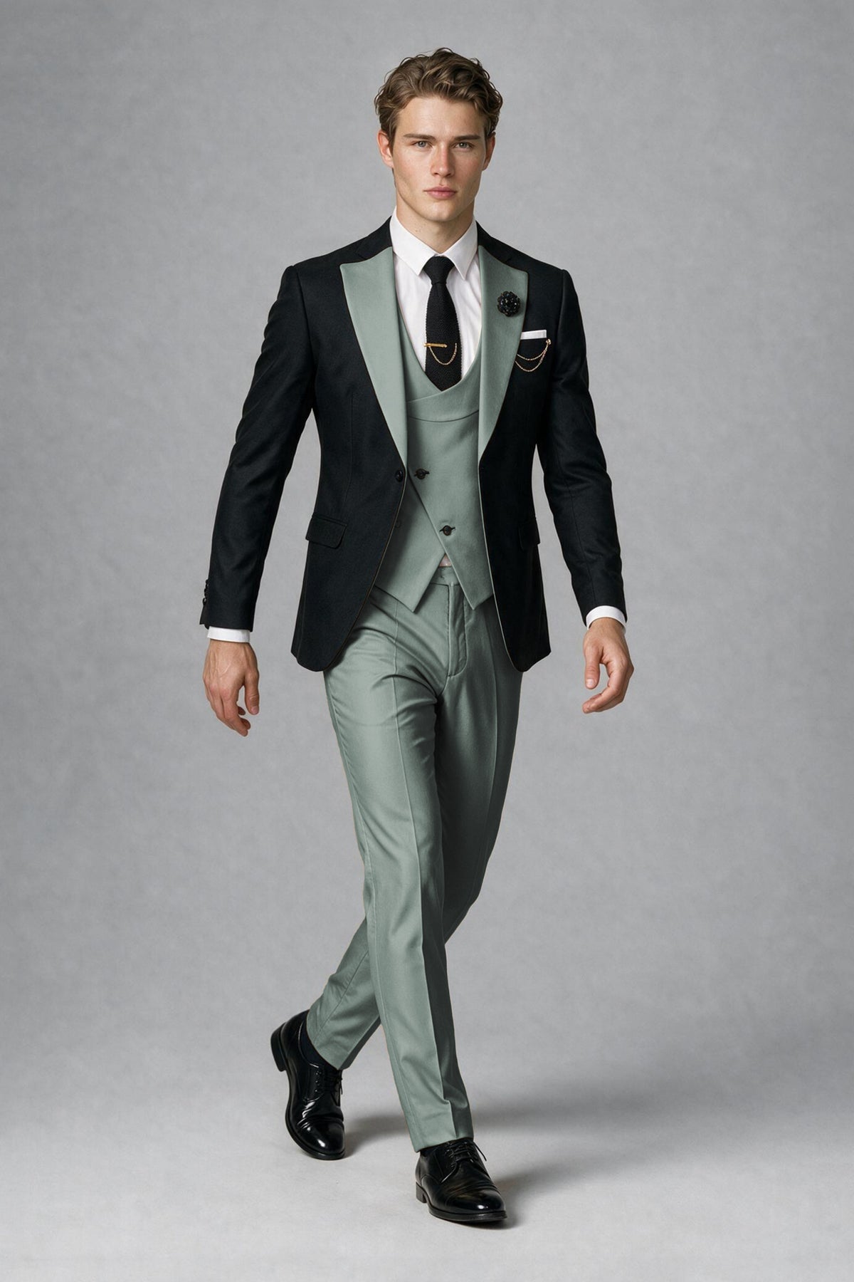 Savile Men's Black & Eucalyptus Three-Piece Wedding Suit - Eucalyptus