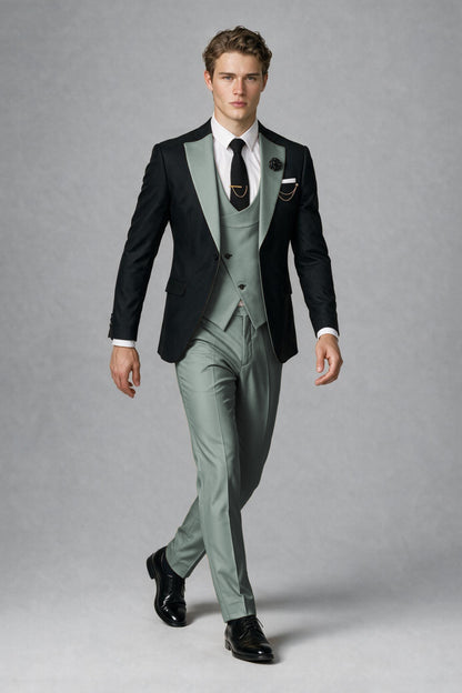 Savile Men's Black & Eucalyptus Three-Piece Wedding Suit - Eucalyptus