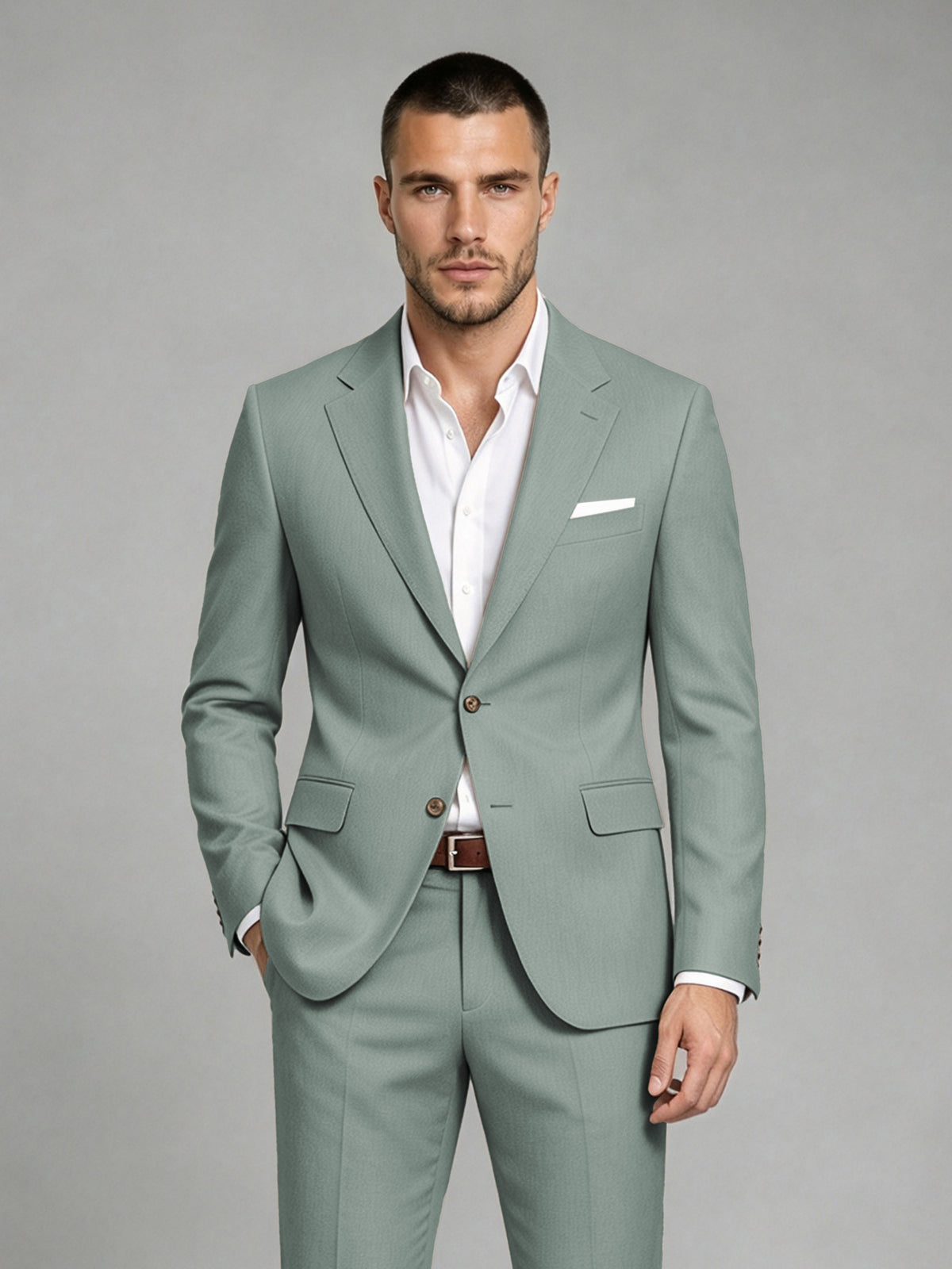 Savile Men's Dark Eucalyptus Wool-Blend 2-Piece Suit Set – Two-Button Notch Lapel Slim-Fit Blazer & Turn-Up Trousers - Eucalyptus