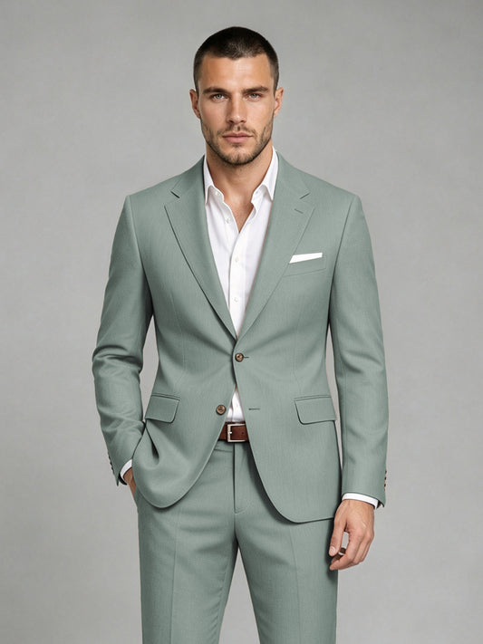 Savile Men's Dark Eucalyptus Wool-Blend 2-Piece Suit Set – Two-Button Notch Lapel Slim-Fit Blazer & Turn-Up Trousers - Eucalyptus