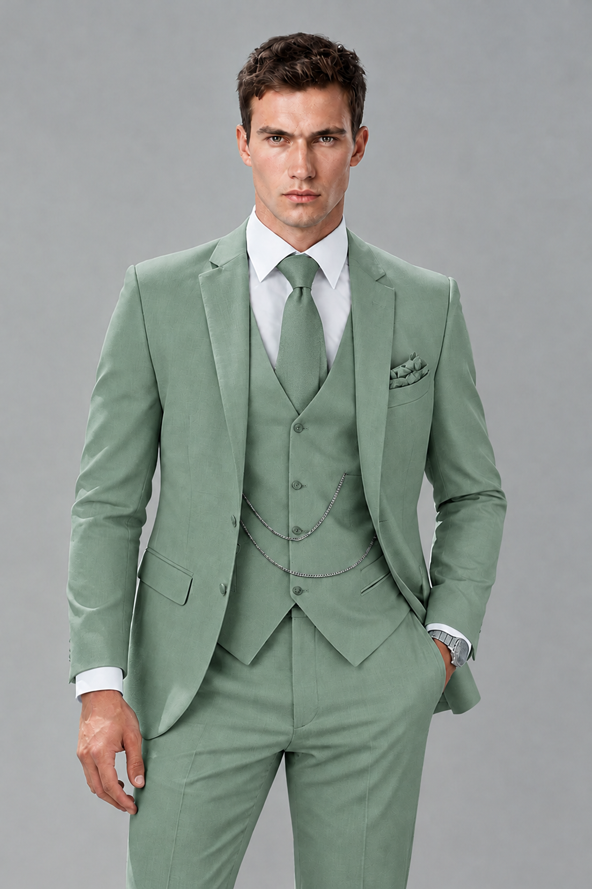 Savile Eucalyptus 3-Piece Suit with Notch Lapel & Chain Vest - Eucalyptus