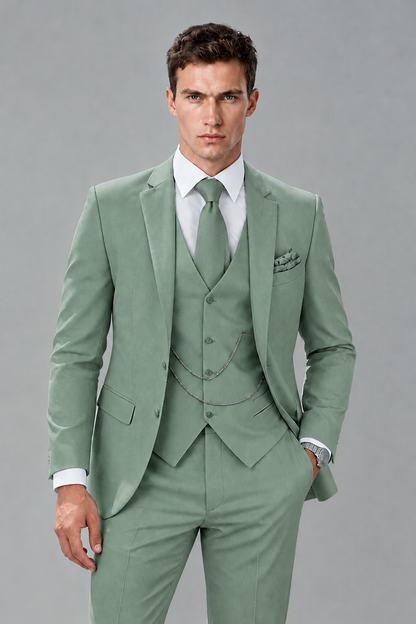 Savile Eucalyptus 3-Piece Suit with Notch Lapel & Chain Vest - Eucalyptus